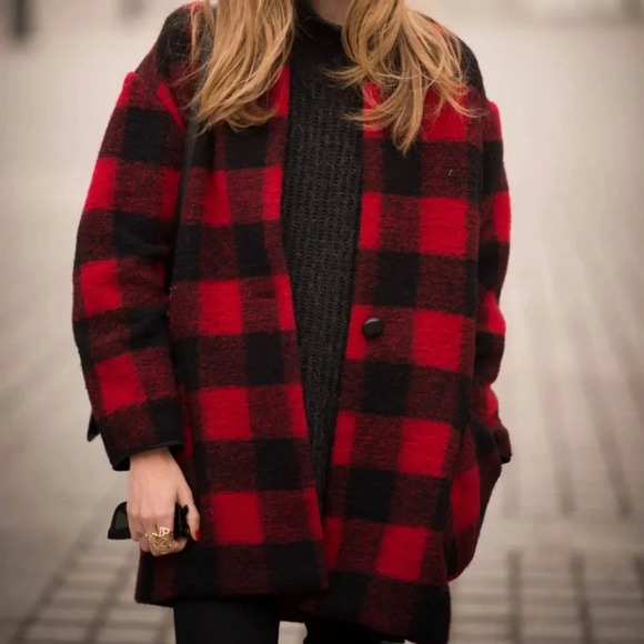Isabel Marant Etoile Gabrie Plaid Wool Coat Red Black Women's Size 42 - Picture 3 of 3